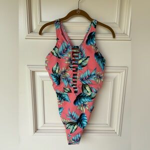 Beach Betty one piece tropical leaf print swimsuit size large